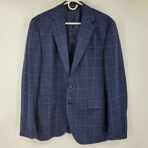 Coppley‎ Mens 42R Wool Sport Coat Blazer Blue Windowpane Plaid Zignone Fabric